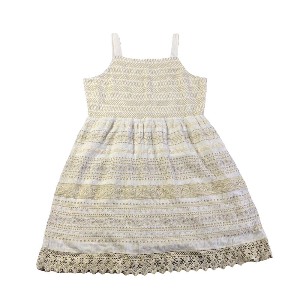J.Jill Embroidered Smocked Dress Women's Size L Lace Trim Boho Babydoll Peasant